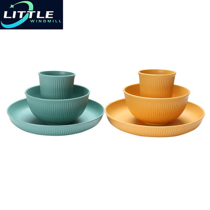 6pcs Wheatgrass Candy Color Tely Set, Bowl, Cup, Dish Set, Fruitsalade Verticaal patroon, picknick, camping -serviesset