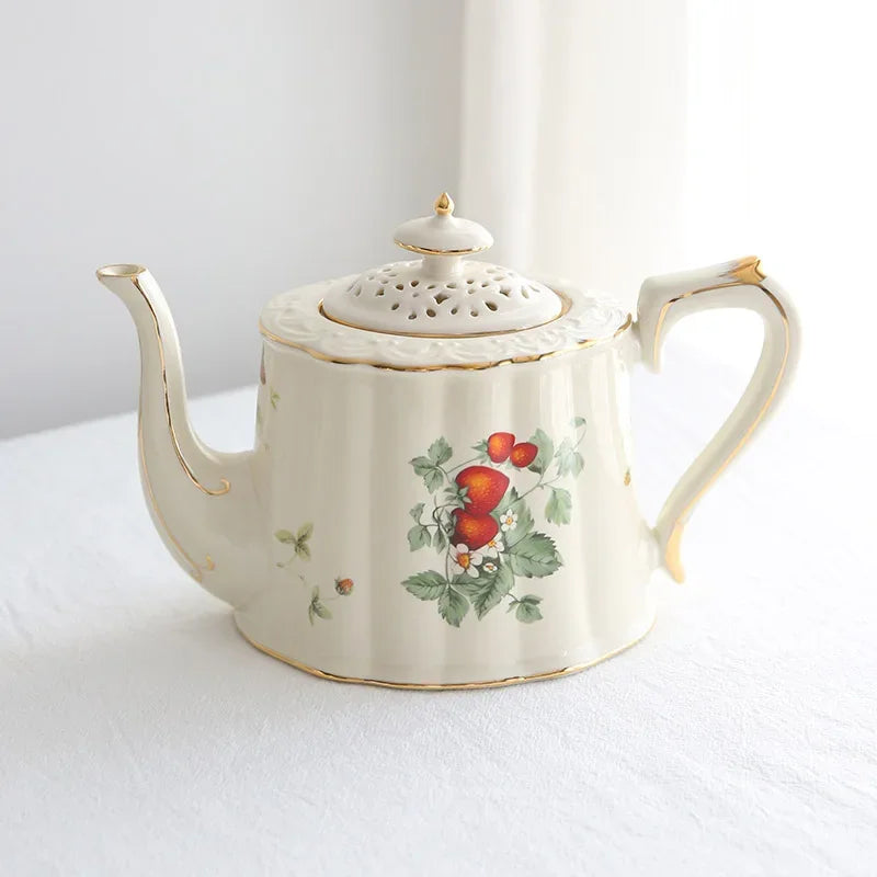 French Strawberry Teapot Coffee Cup and Saucer Set, Dessert Plate, Ceramic European Afternoon Tea for Party, Home Decoration