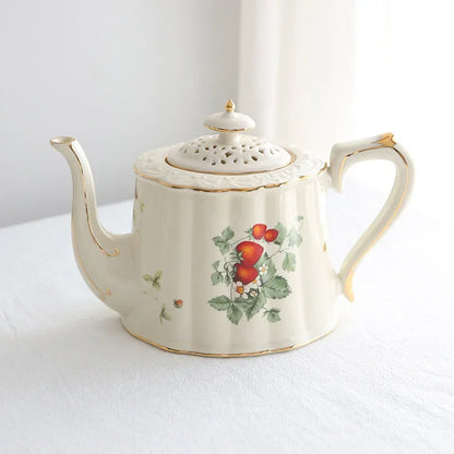French Strawberry Teapot Coffee Cup and Saucer Set, Dessert Plate, Ceramic European Afternoon Tea for Party, Home Decoration