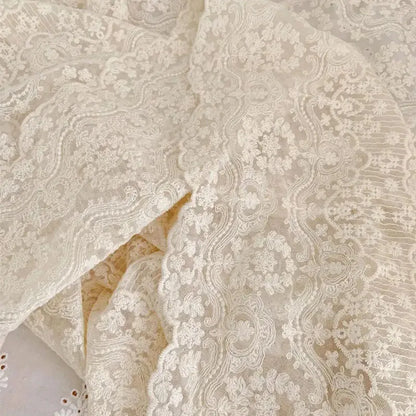 Ivory Beige Embroidered Mesh Tulle Lace Fabric With Tiny Daisy Flowers And Stripes for Apparel Sewing Fabric Curtain Decorative