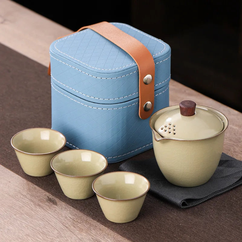 Ru Kiln Travel Tea Set Kuaike Cup Outdoor Portable Kung Fu Tea Set Business Souvenir Gift Set  Ceramic  Teaware Sets