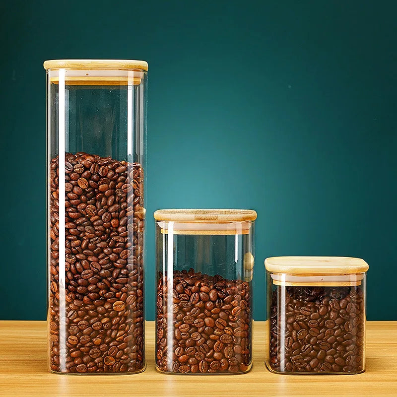 Bocs de rangement en verre carré avec couvercle en bambou pour grains de café nouilles nouilles de rangement alimentaire Conteneurs de cuisine