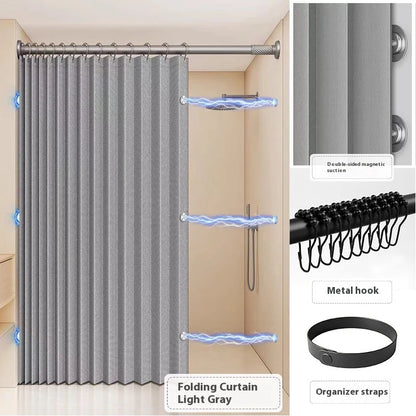 Bathroom Folding Linen Shower Curtain with Magnets Waterproof Suitable for Walk-in Shower Does Not Include Telescopic Rod