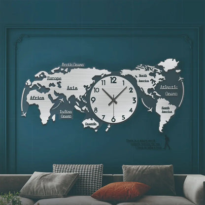 Creative wall clock mirror world map Internet celebrity decoration living room home fashion European silent hanging