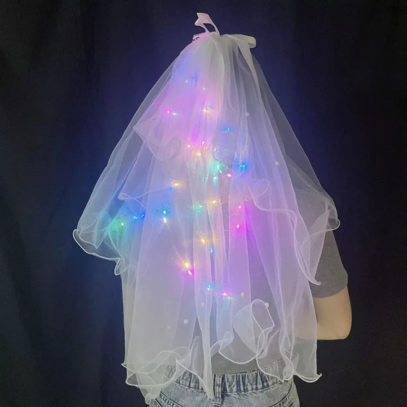 1pcs Glow Wedding Veil LED Light Bowknot Pearl Veil Glow In The Dark Party Favor Wedding Birthday Party Cosplay Hair Accessories