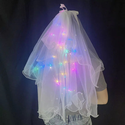 1pcs Glow Wedding Veil LED Light Bowknot Pearl Veil Glow In The Dark Party Favor Wedding Birthday Party Cosplay Hair Accessories