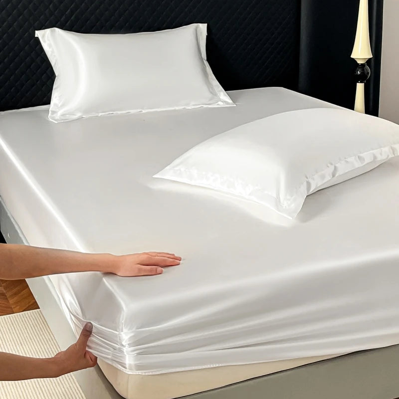 Satin Elastic Fitted Sheet Solid Mattress Cover 360 Band Bed Sheet for Single Double Couple King Queen Full Twin Bedsheet