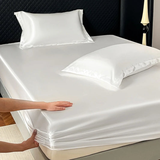 Satin Elastic Fitted Sheet Solid Mattress Cover 360 Band Bed Sheet for Single Double Couple King Queen Full Twin Bedsheet