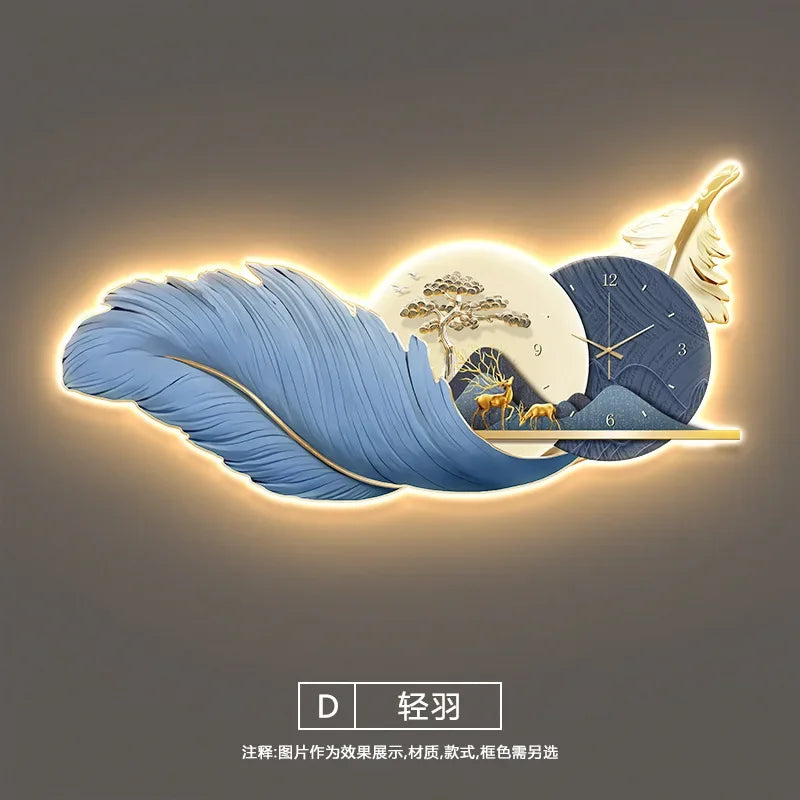 Modern Luxury Wall Clock LED Feather 3d Decorative Painting Large Wall Clock with Light Sofa Background Living Room Decoration