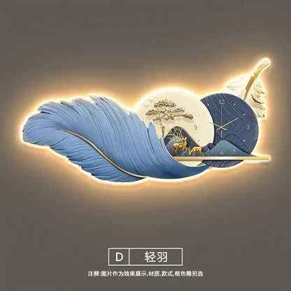 Modern Luxury Wall Clock LED Feather 3d Decorative Painting Large Wall Clock with Light Sofa Background Living Room Decoration