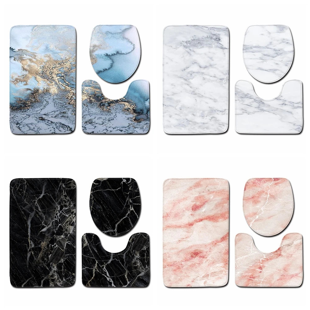 3pcs High Quality Washable Home Decor Marble Pattern Bath Mats Bathroom Mat Set Pedestal Rug Toilet Seat Lid Cover