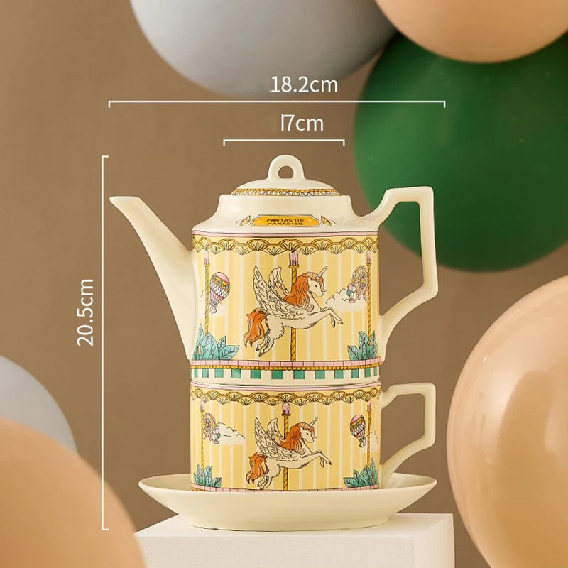 Ceramic Teaware Sets Teapot Teacup & Saucer and Spoon Carousel Pattern Stackable English Afternoon Tea Set  for Household Gifts