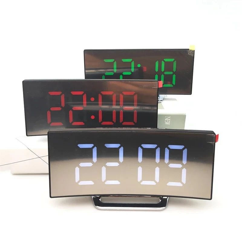 Curved Screen Mirror LED Digital Clock Creative Digital Alarm Clock with Large Display USB Charging Powered Bedside Table Clock