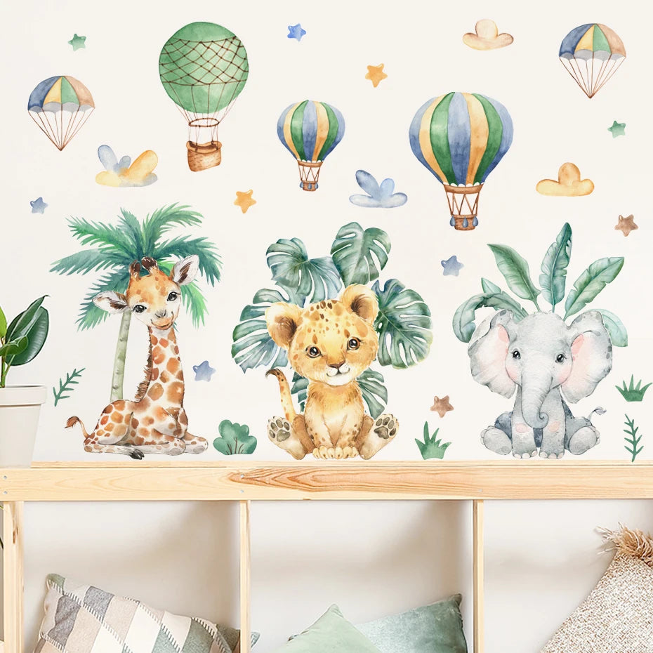 Cartoon Dschungeltiere Blätter Aquarell Vinyl Wandaufkleber für Kinderzimmer Baby Kinderzimmer Dekoration Elefant Giraffe Aufkleber