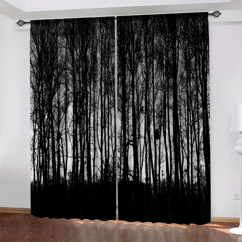 2PC Gothic Black Forest Curtains - Dark Misty Pine Blackout Rod Pocket Drapes for Bedroom & Living Room