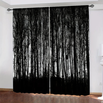 2PC Gothic Black Forest Curtains - Dark Misty Pine Blackout Rod Pocket Drapes for Bedroom & Living Room