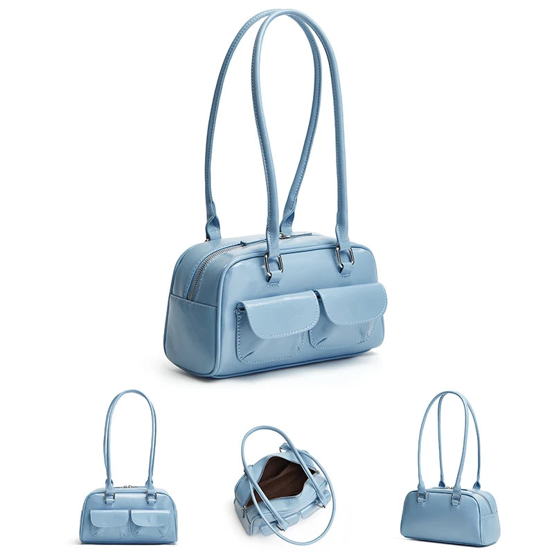 New women's bag fashion niche oil wax leather bowling bag multi-pocket armpit bag commuting handbag single shoulder bag