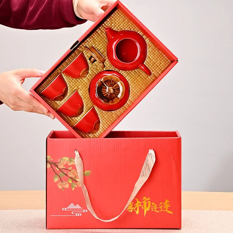 Ceramic Persimmon Kung Fu Tea Set Wedding Gift Chinese Red Wedding Banquet Set Gift Box Tea Set