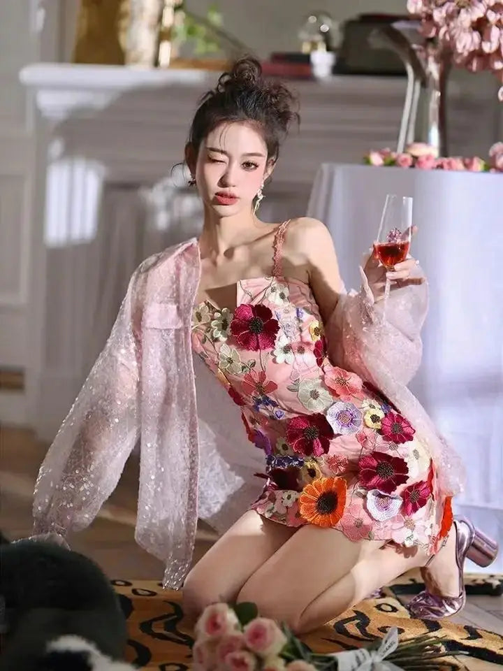 Colorful 3D Flower Lace Fabric DIY Wedding Dress Luxury Latest Three - dimensional sunflower floating soft mesh embroidery lace