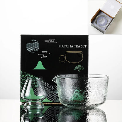 New Textured Matcha Bowl Glass Reusable Japanese Tea Set with Pouring Spout Matcha Making Kit Tea Lovers