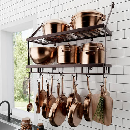 30-Inch Kitchen Pot Rack - Mounted Hanging Rack for Kitchen Storage and Organization - Matte Black 2-Tier Wall Shelf with Guard