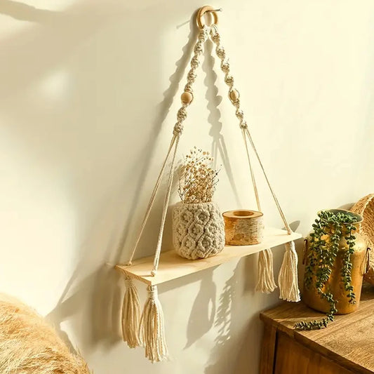 Macrame hängande hylla boho väggdekor sovrum 1 dator rustik träg flytande hyllor för rum barnkammare badrum vardagsrum college college