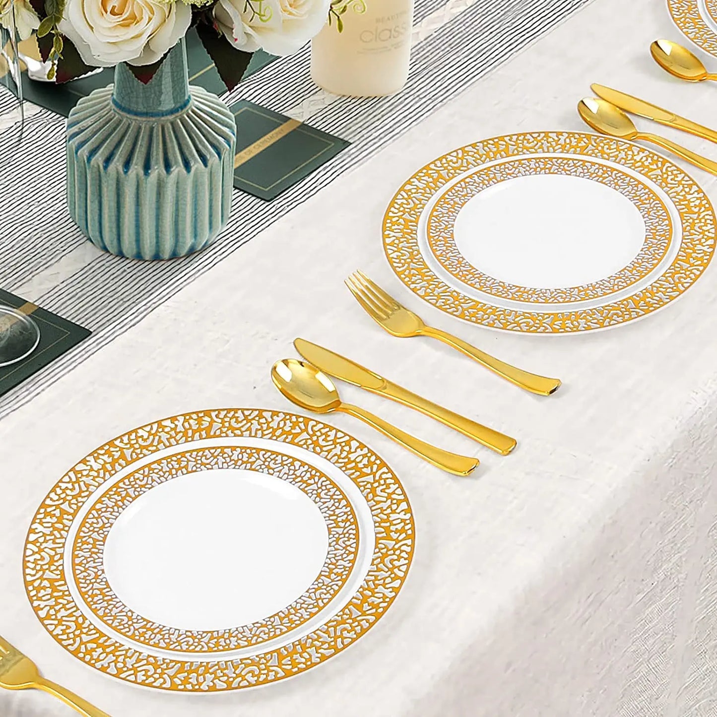 40/20pcs Gold Plastic Plates,Party Dinner Plates and Salad/Dessert Plates Combo,Heavy Duty Plastic Plates for Parties Wedding