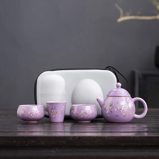 1 Pot 3 Cups Tea Set Purple Ru Kiln Outdoor Portable Travel Tea Set, Ceramic Quick Guest Cup