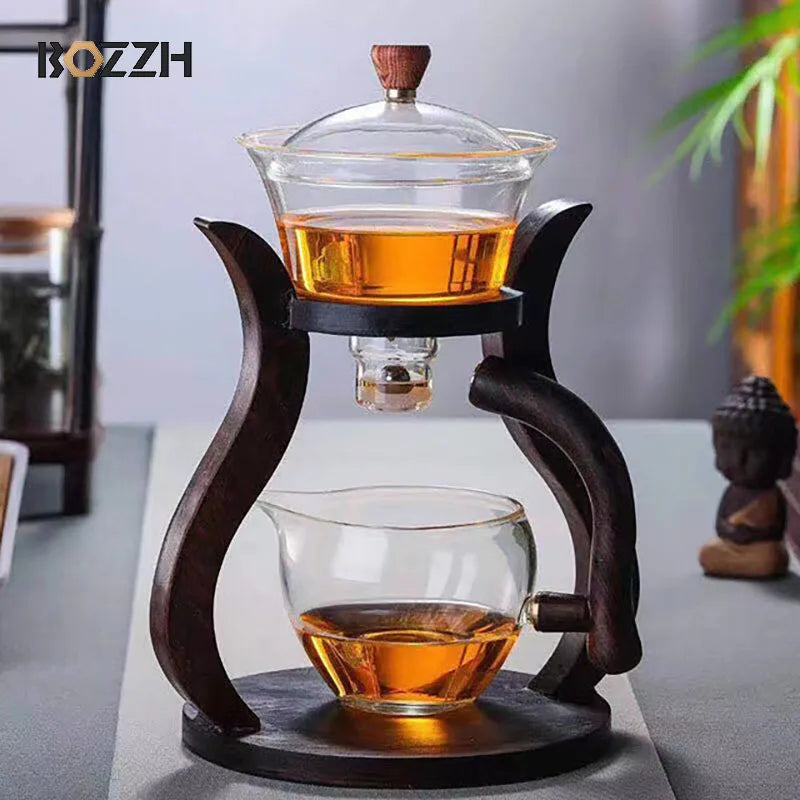 Bozzh warmtebestendige glazen thee-set magnetische water afleiding roterende deksel automatische theemaker Lazy Kungfu Teapot Drinking