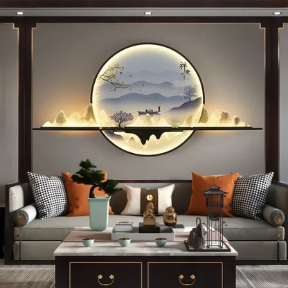 OUTELA Modern Wall Picture Light LED Chinese Creative Circular Landscape Mural Sconce Lamp For Home Living Bedroom Study