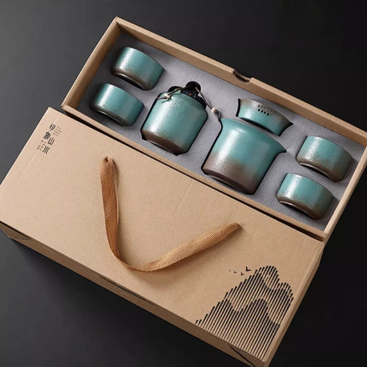 Kiln turned retro spring green coarse pottery, a pot of 4 cups of tea, small box, simple outdoor living room, tea room