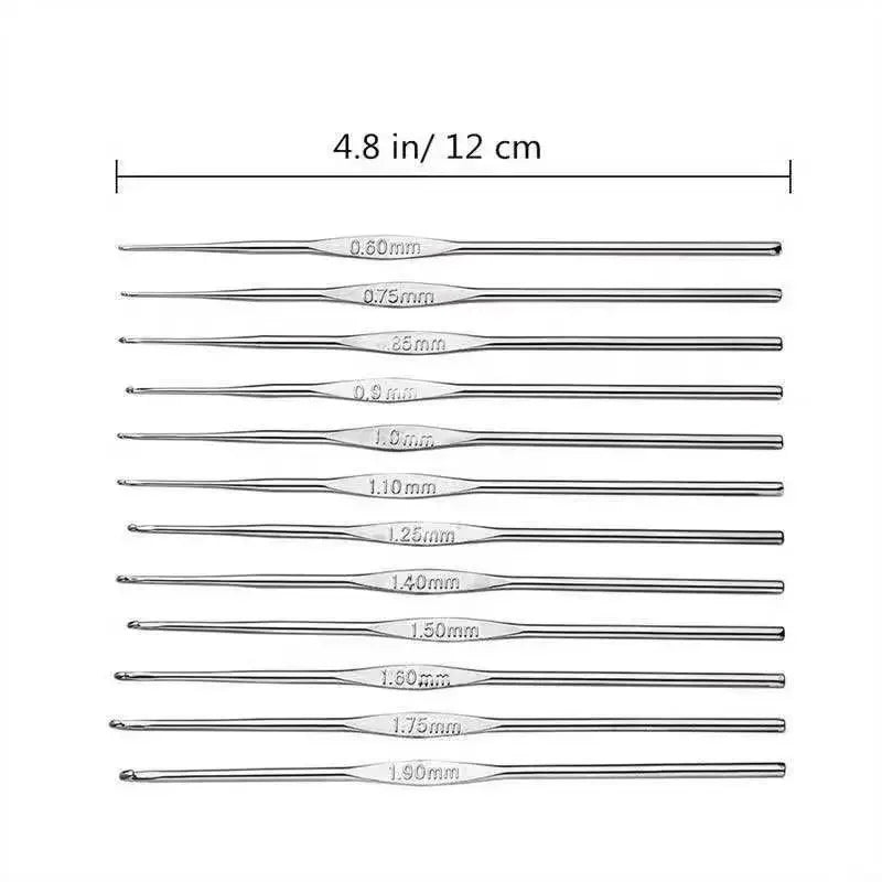 12pcs Metal Handle Crochet Hook Knitting Needles Set Small Sizes 0.6-1.9mm DIY Lace Crochet Needles for Yarn Weave Tools