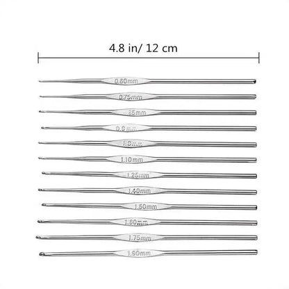 12pcs Metal Handle Crochet Hook Knitting Needles Set Small Sizes 0.6-1.9mm DIY Lace Crochet Needles for Yarn Weave Tools