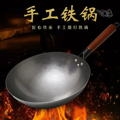 Pot tradicional de hierro tradicional saludable hecho a mano gran mango de madera de wok de madera antiadherente estufa de gasolina de cocinera