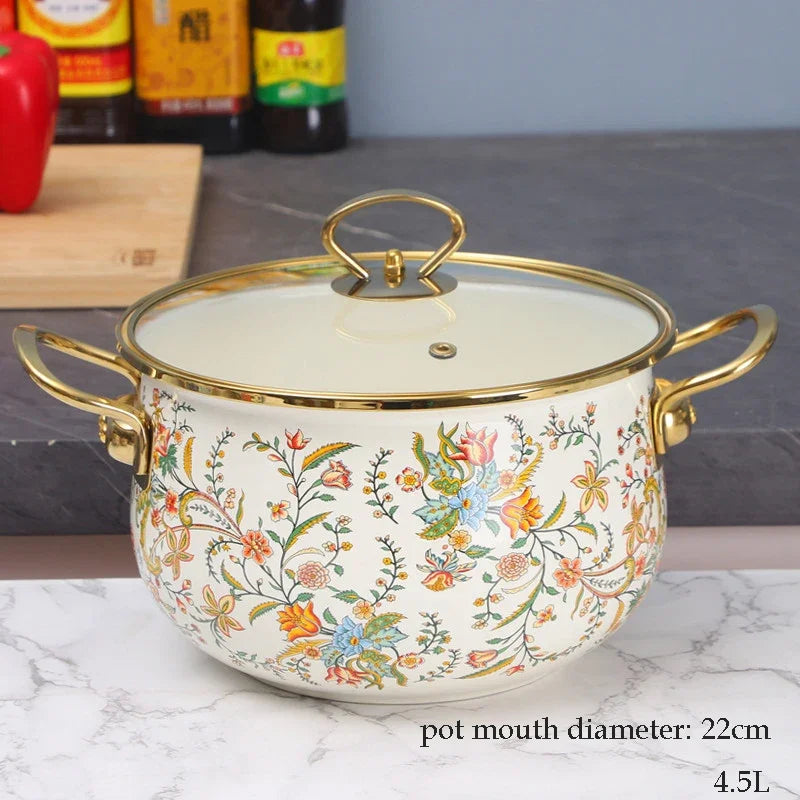 Enamel Soup Pot Retro Flower Bird Binaural Large Capacity Stew Pot with Lid Home Enamel Utensils for Kitchen Delicate Cookware