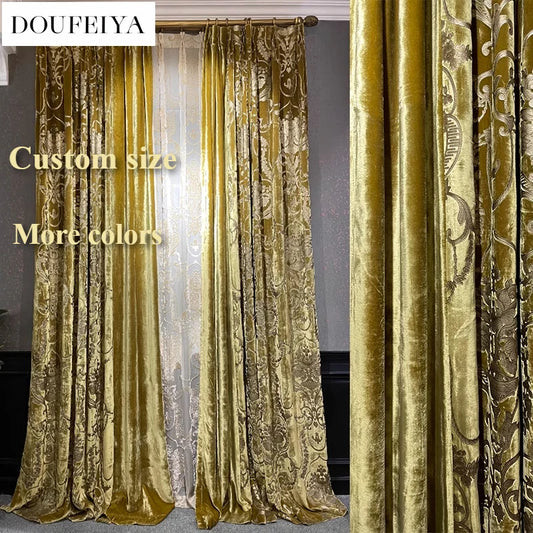 Silk Velvet Foil Stamping Luxury Gold Blackout Curtains for Living Room Bedroom Dining Nature Vertically Custom Size White Tulle