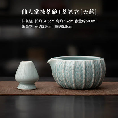 Japanese Cactus Matcha Set with Ceramic Bowl Bamboo Matcha Whisk Teaspoon Tea Sets Tea Lovers Gifts Tea-making Tools Accessories