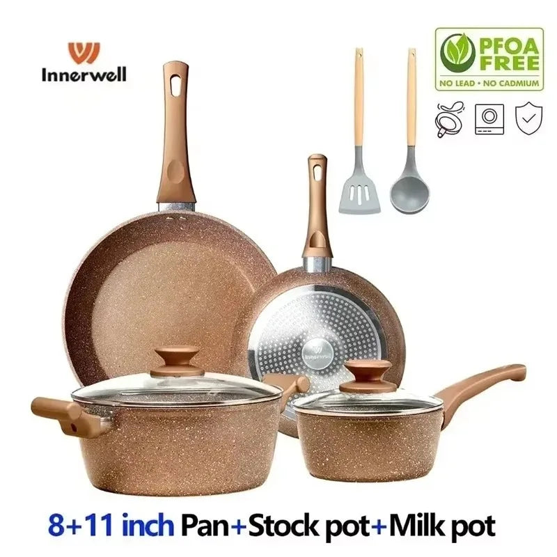 Inlandell 8 ppcs Kichenfichen Pan Stockpot Mëllech Dëppen Sets mat Glas Lids Nokon Free Stone Kachwäit kompatibel