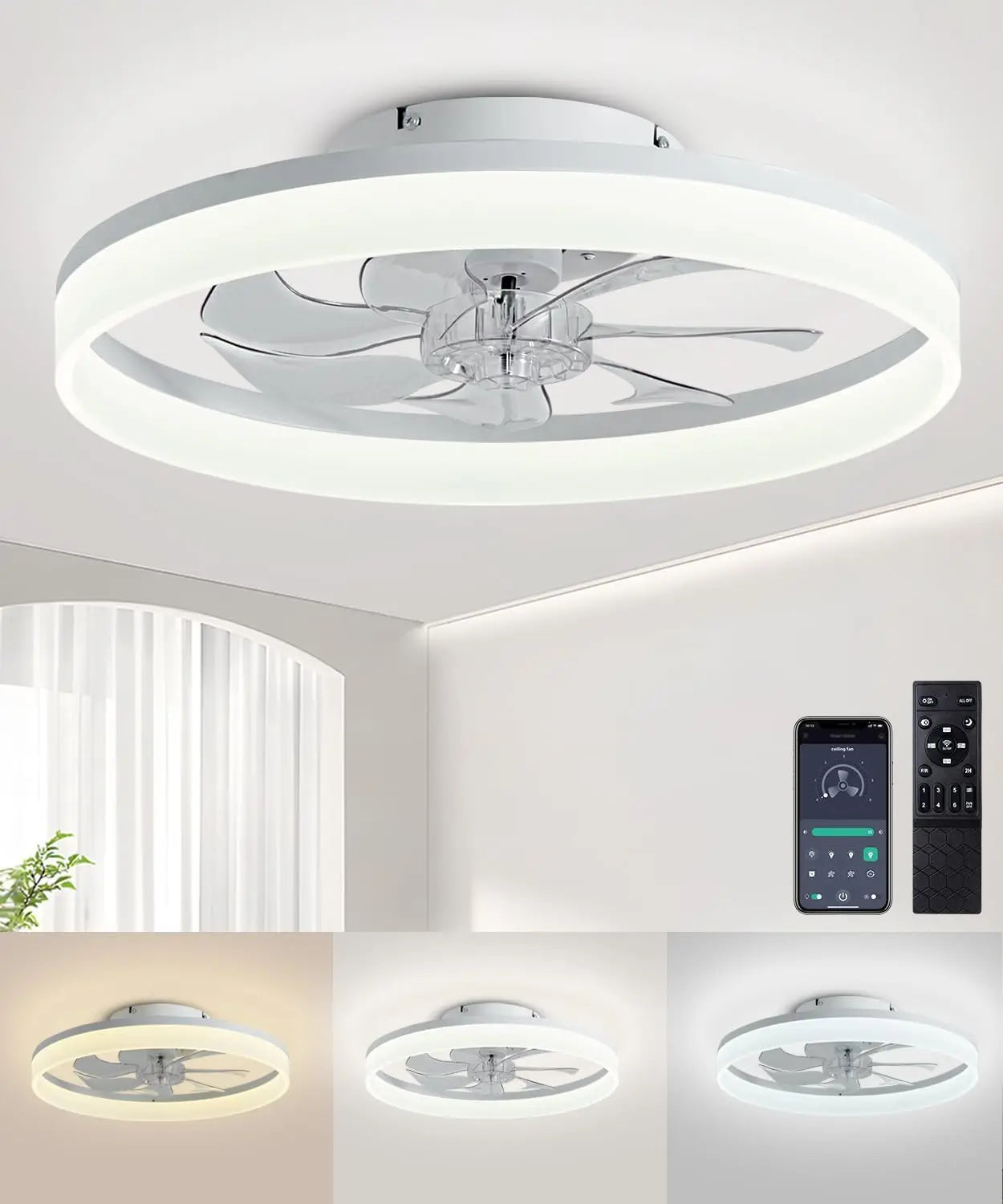 Modern ceiling fan with light and remote control, 19.7 "low-specification ceiling fan, with 6-speed and dimmable LED, APP 3CCT