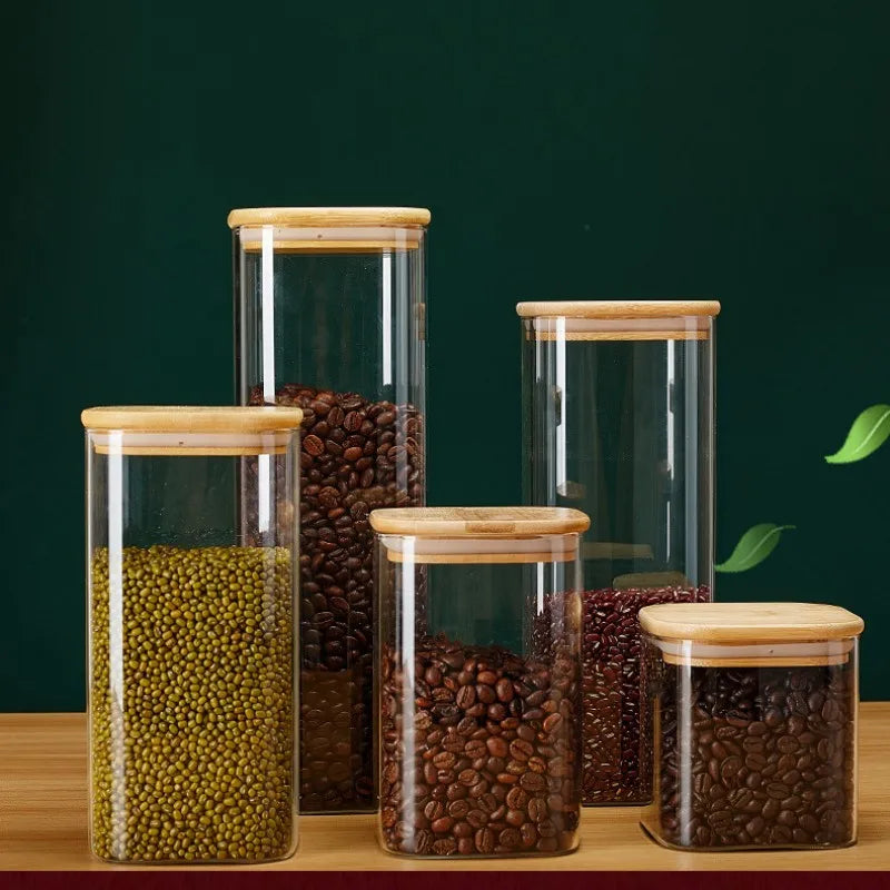 Barattoli di conservazione in vetro quadrati con coperchio di bambù per chicchi di caffè noodles per alimentari contenitori di stoccaggio degli organizzatori cucina stoccaggio