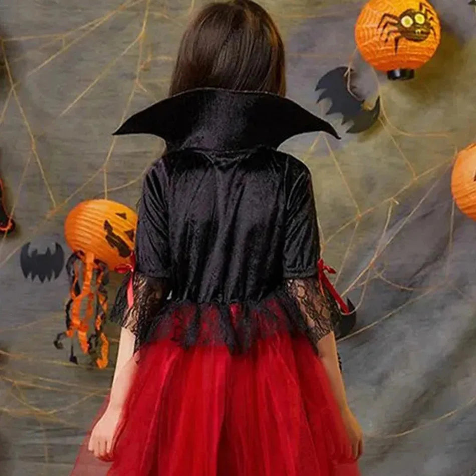 2024 Girls Cosplay Vampire Halloween Dress for Kids Ghost Bride Gothic Costume Count Vampiran Carnival Outfit Black Red Clothes