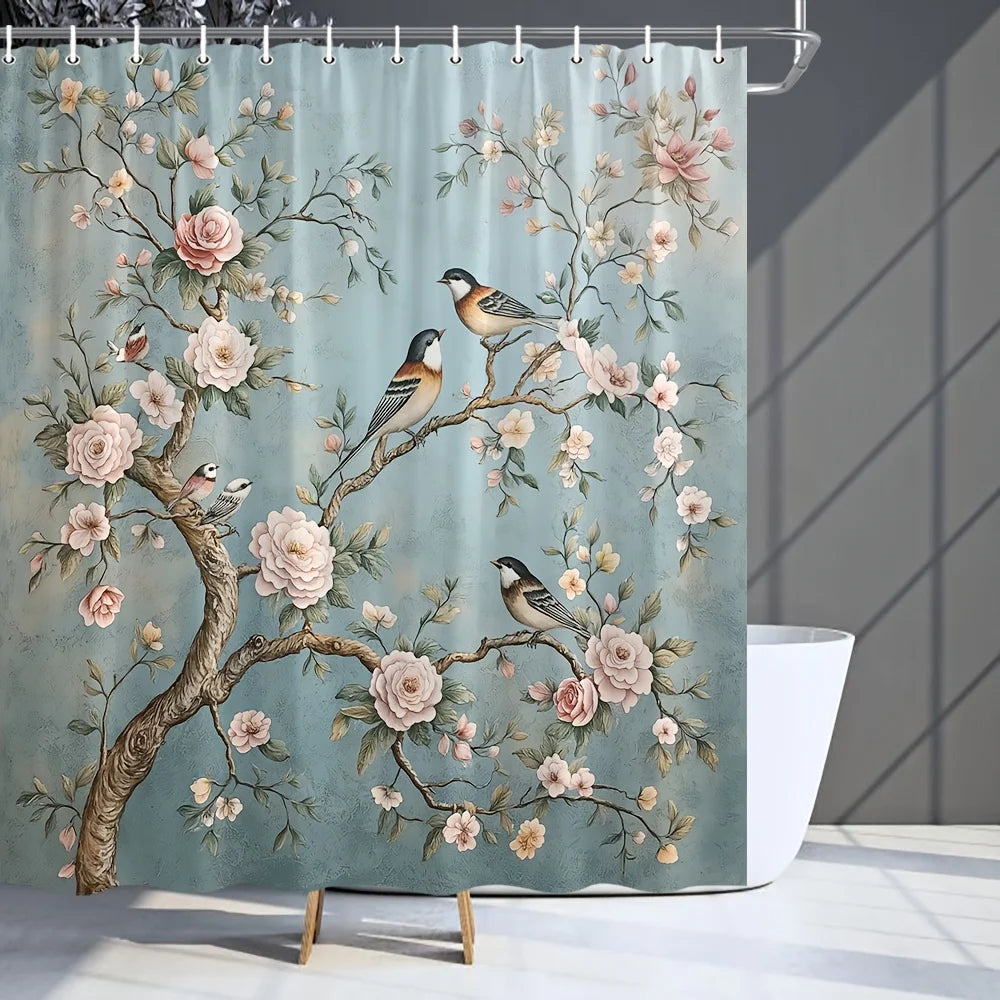 Blooming Branches and Birds Shower Curtain- Multi-Style Bath Decor, Perfect for Those Who Love Nature-Inspired and Practical