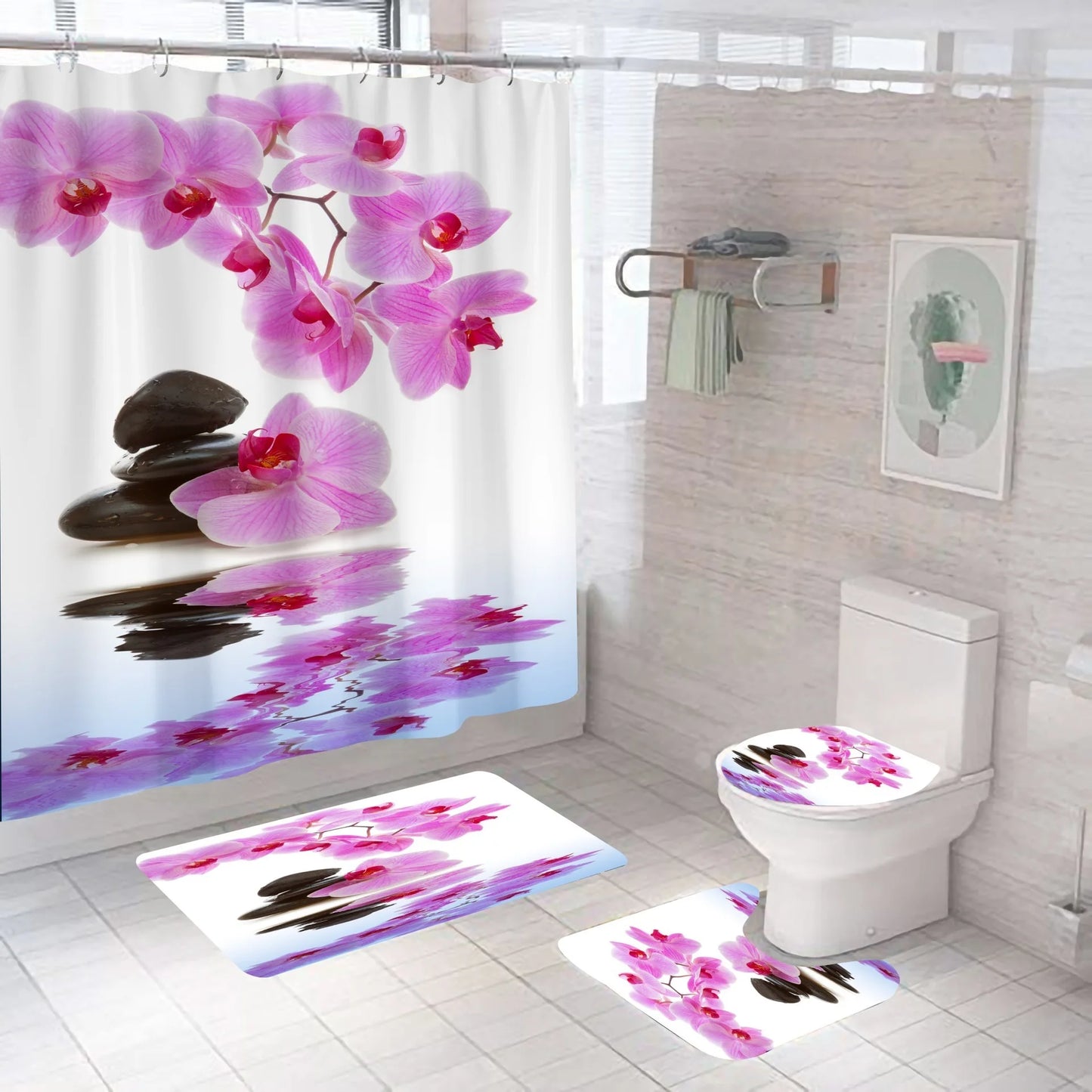 3D Digital Printing Flowers Shower Curtain Waterproof Polyester Bathroom Curtains Colorful Shower Curtain Set Bath Mats Rugs