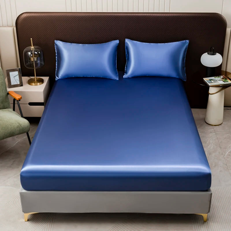 1Pc Satin Fitted Sheet Solid Colour Twin Full Queen Ice Silk Mattress Cover Natural With Elastic Band Bed Sheet (No Pillowcase)