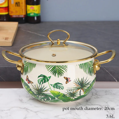 Enamel Soup Pot Retro Flower Bird Binaural Large Capacity Stew Pot with Lid Home Enamel Utensils for Kitchen Delicate Cookware
