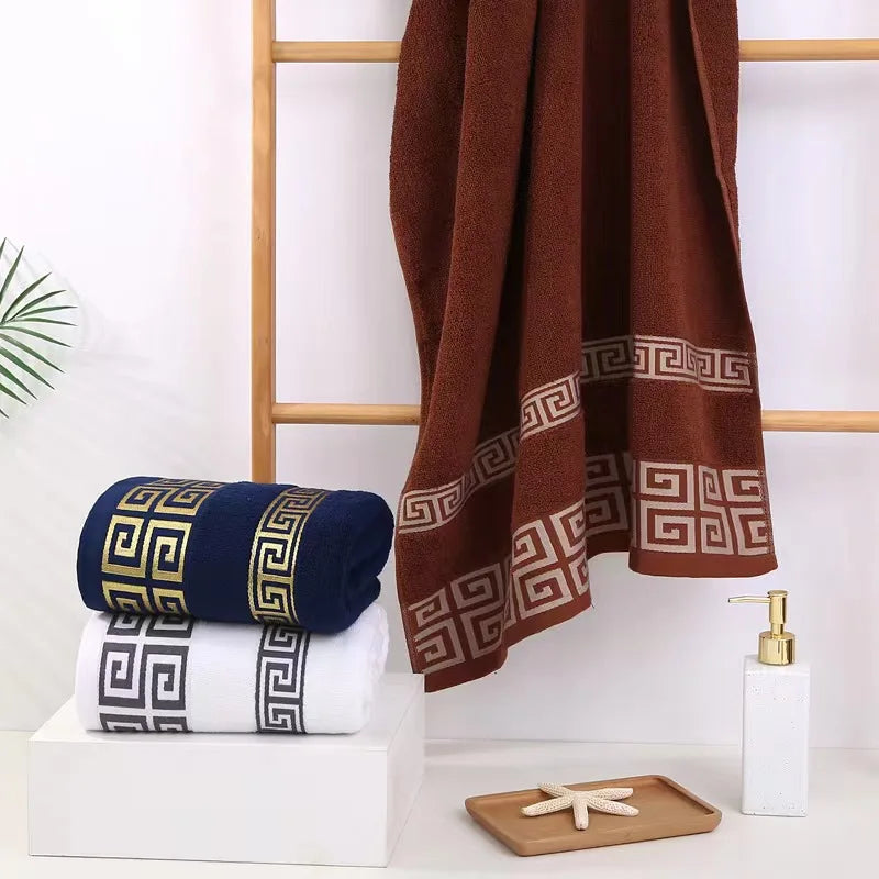 2pcs Set Cotton Towel 1pcs Hand Towel 34x74cm and 1pcs Big Bath Towel 70x140cm Blue White Brown Geometric Embroidered Gift Towel