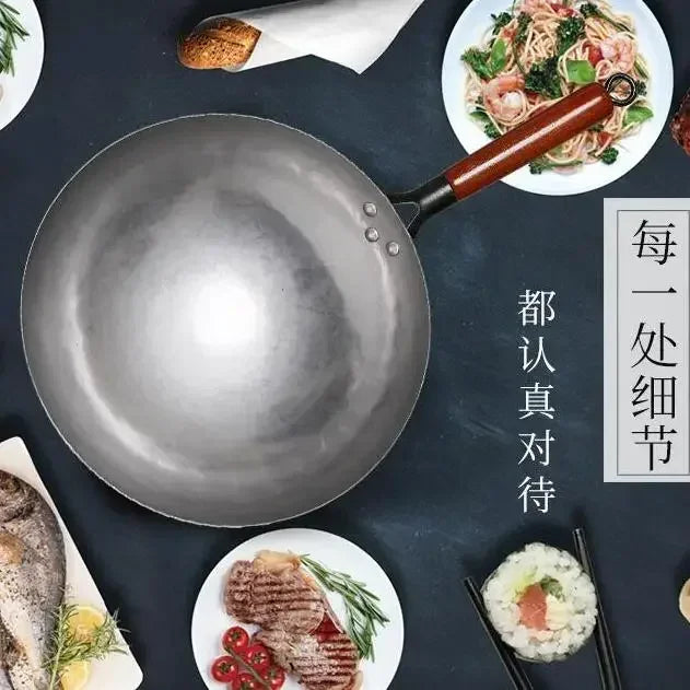 Gesunder chinesisch traditioneller eisernen topf handgefertigt großer wok hölzern griff mit unscharfen Pfanne Gasherd Pfanne Küchenkochgeschirr Kochgeschirr Eistopf