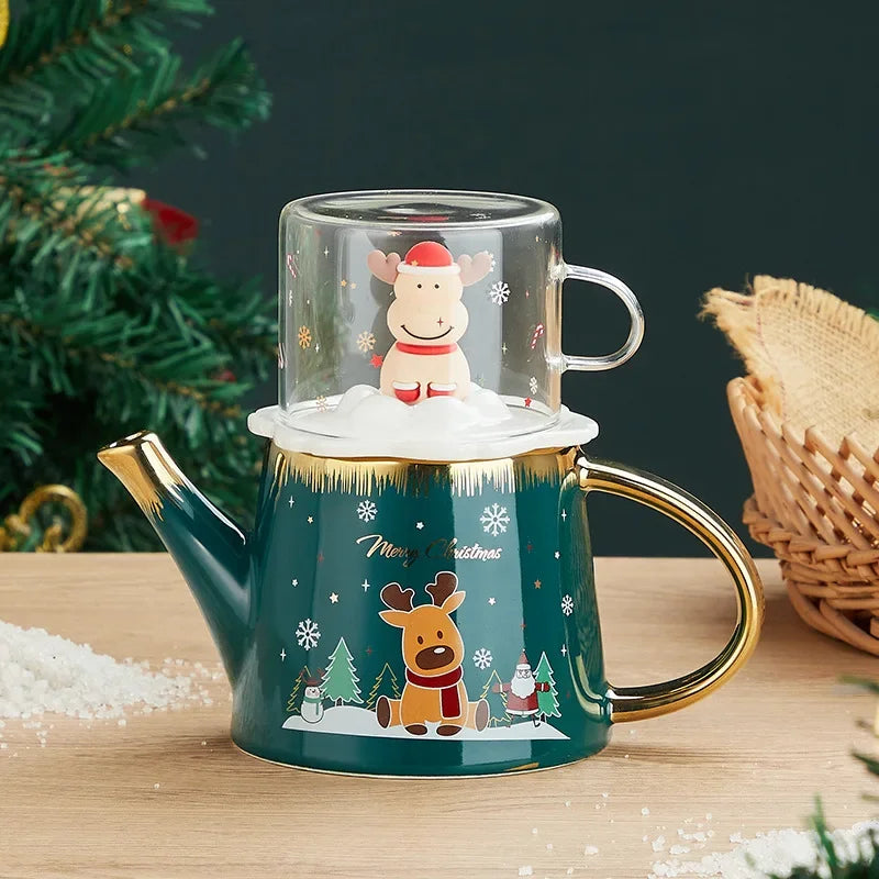 Christmas elk tea set European-style home kitchen set cute cartoon ceramic teapot gift cute flower tea set