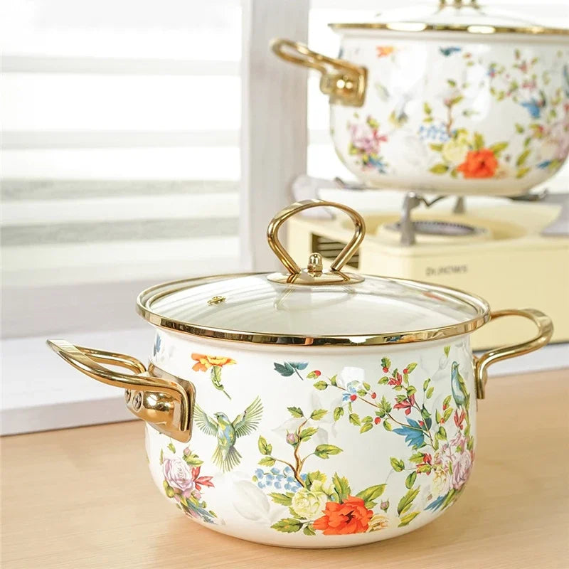 Enamel Soup Pot Retro Flower Bird Binaural Large Capacity Stew Pot with Lid Home Enamel Utensils for Kitchen Delicate Cookware