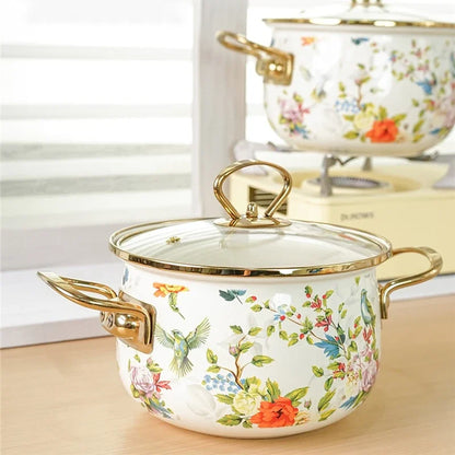 Enamel Soup Pot Retro Flower Bird Binaural Large Capacity Stew Pot with Lid Home Enamel Utensils for Kitchen Delicate Cookware